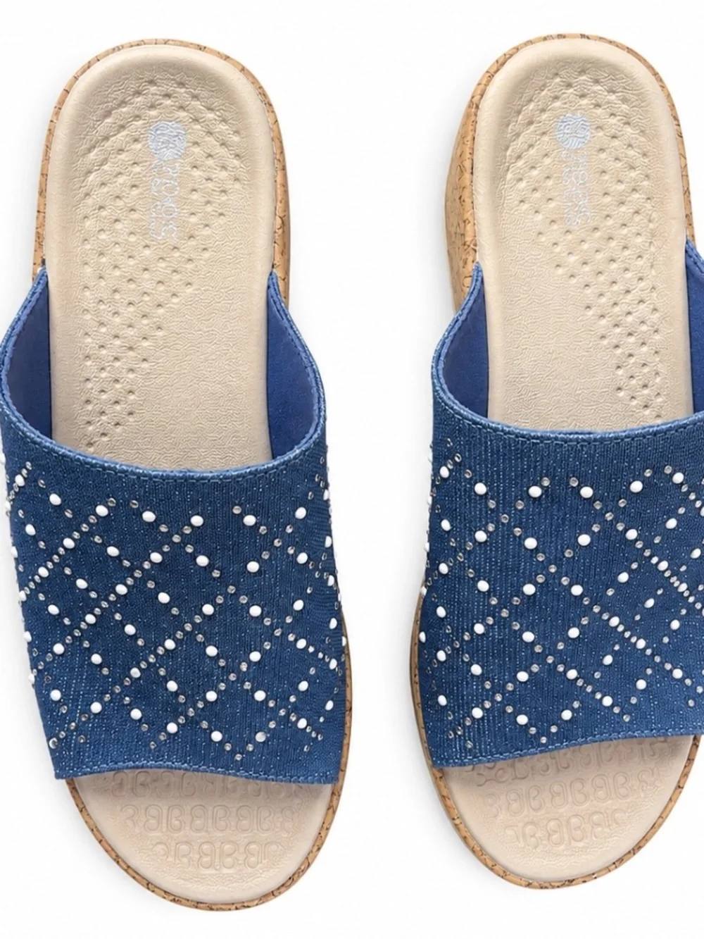 Bzees Blue Embellished Cork-Style Wedge Slide Sandals Size 6.5M